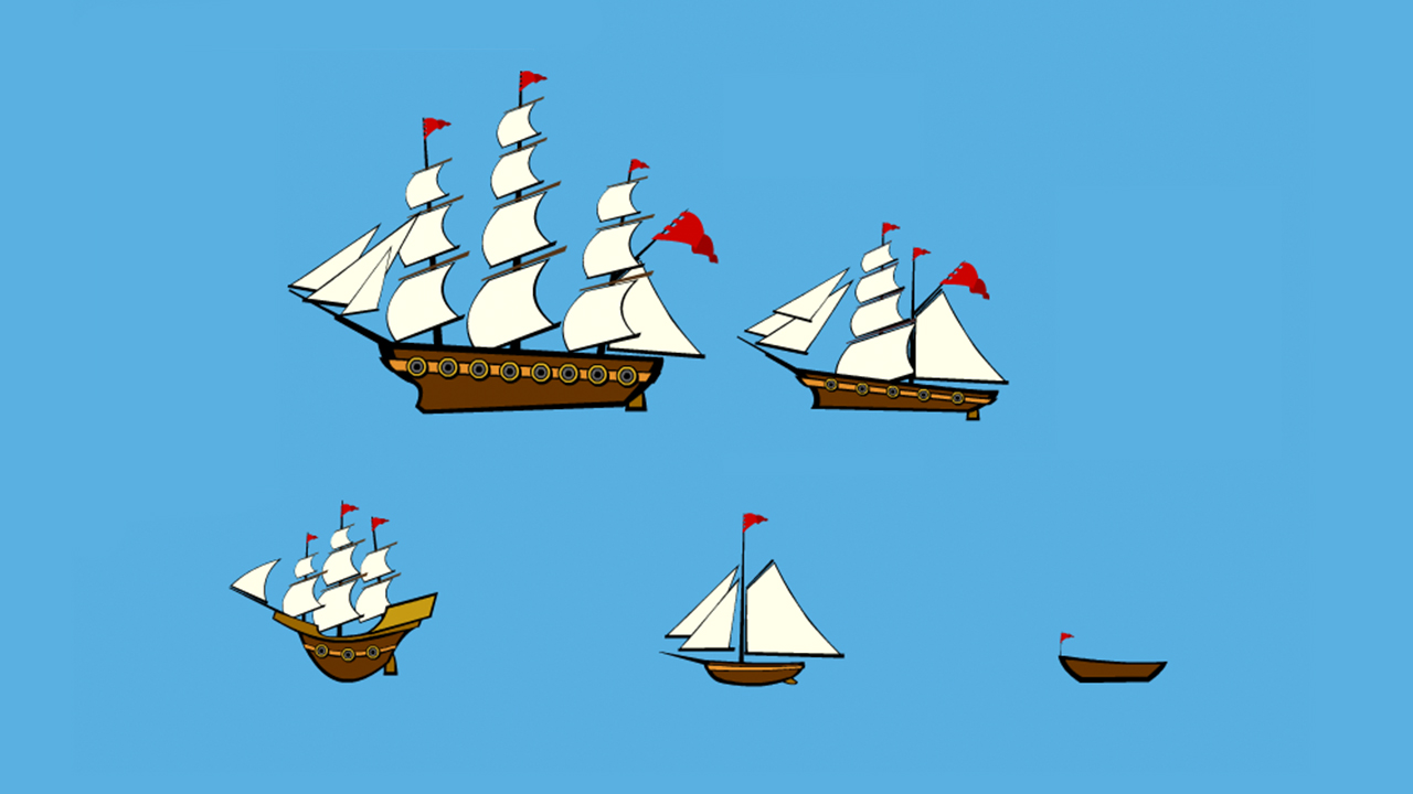 Screenshot of the different ship designs for each community including Boat, Sloop, Galleon, Brigantine and Frigate