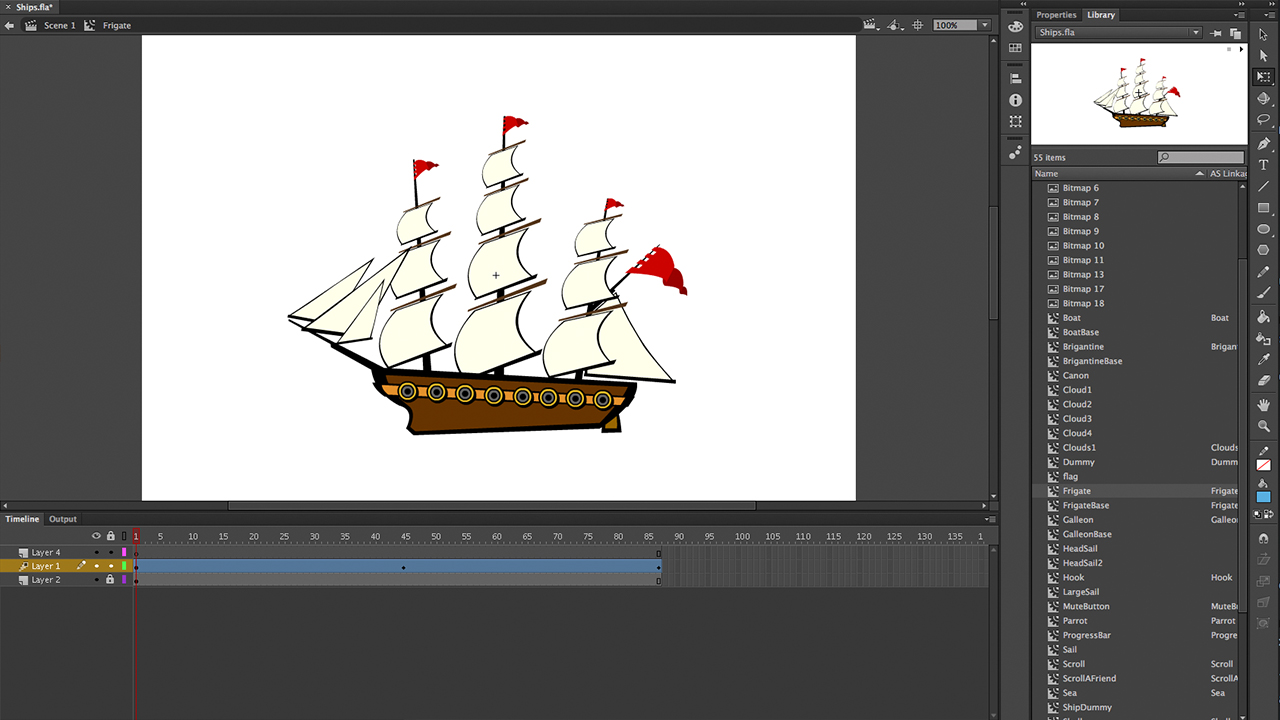 Screenshot of the Frigate animation process using Adobe Flash
