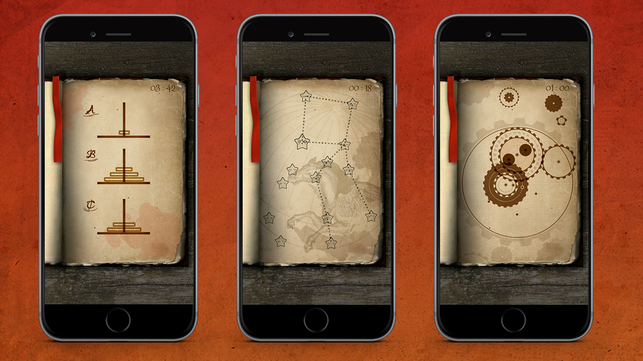 From left to right, Chaos & Order, The Answer is Above & I'm puzzled videogame screenshots