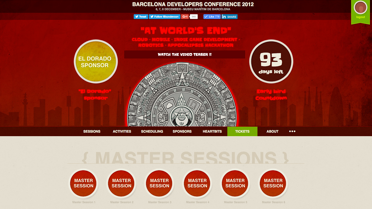 Barcelona Developers Conference 2012 website screenshot with sponsors and countdown