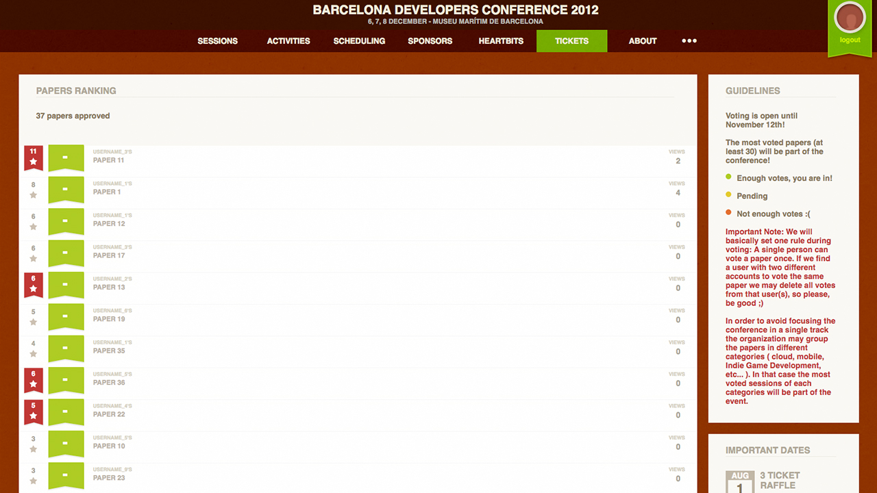 BcnDevCon 2012 Ranking section where user can vote for sessions