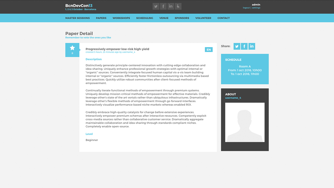 Barcelona Developers Conference 2013 website screenshot with Session detail