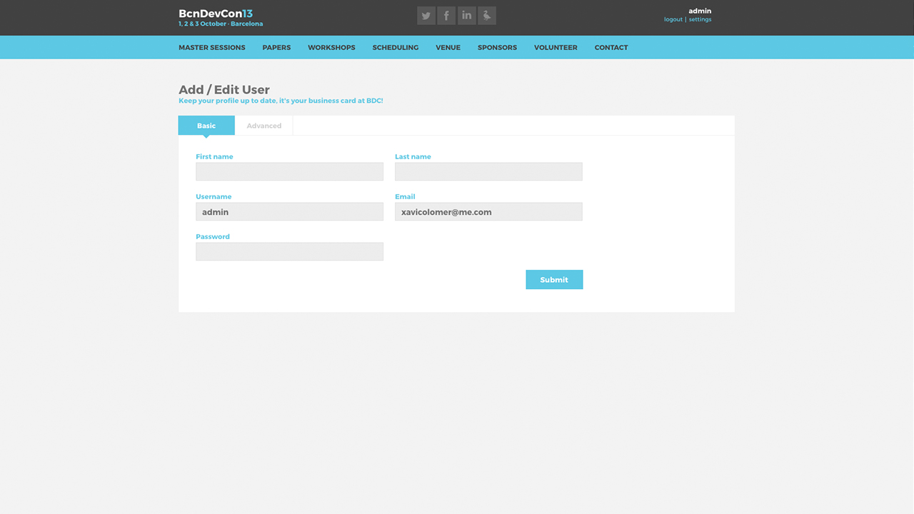 Barcelona Developers Conference 2013 website screenshot with User profile page