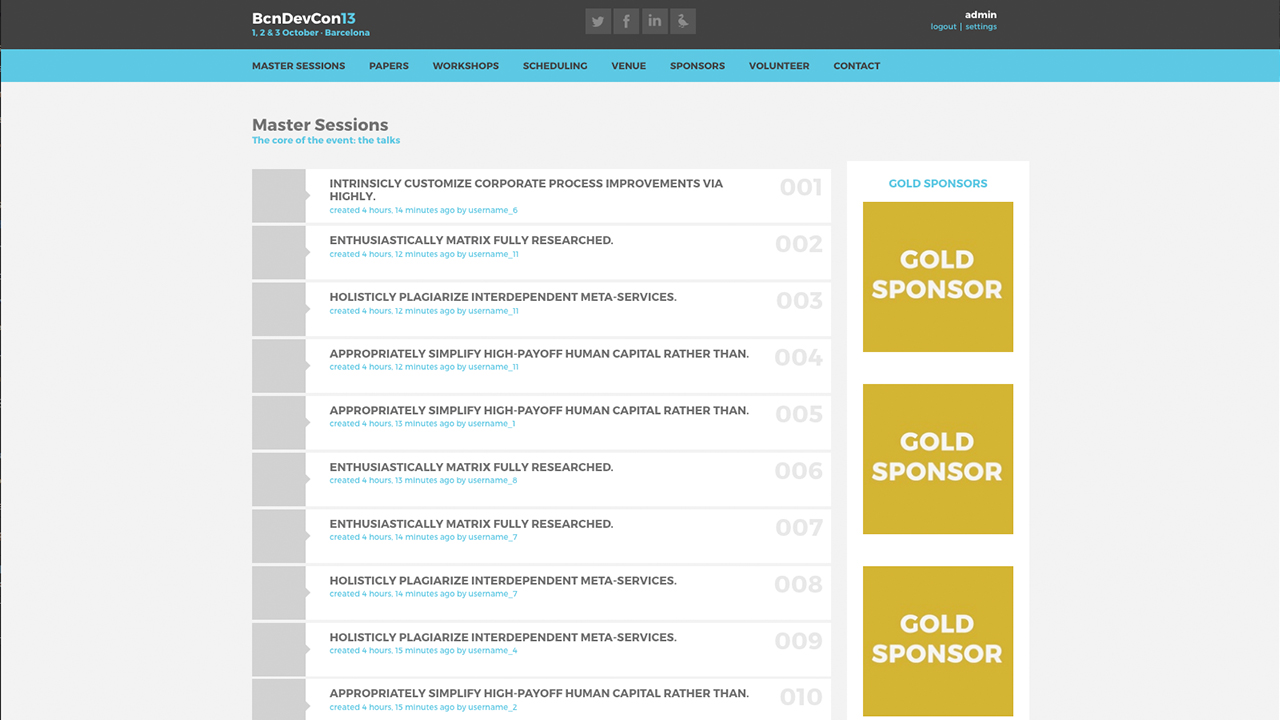 Barcelona Developers Conference 2013 website screenshot with Master Sessions