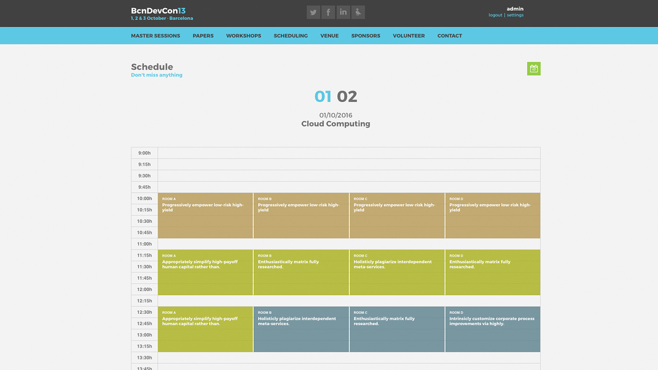 Barcelona Developers Conference 2013 website screenshot with the Scheduling