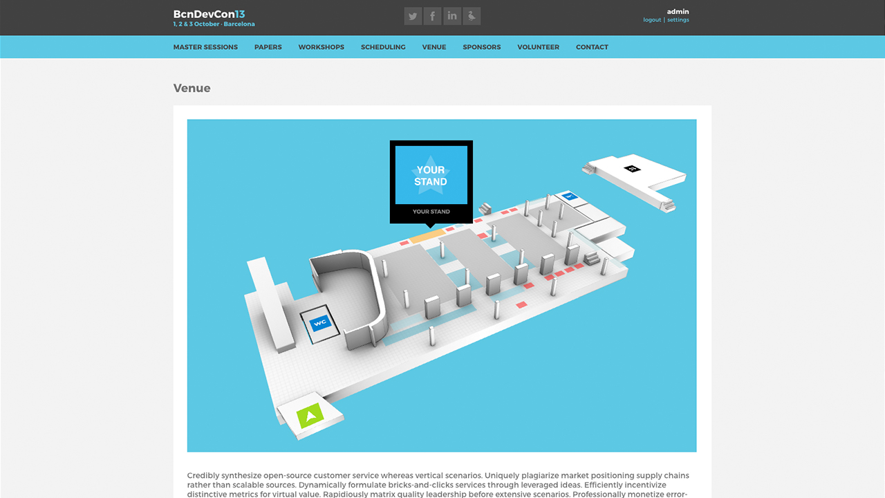 Barcelona Developers Conference 2013 website screenshot with the Virtual Venue
