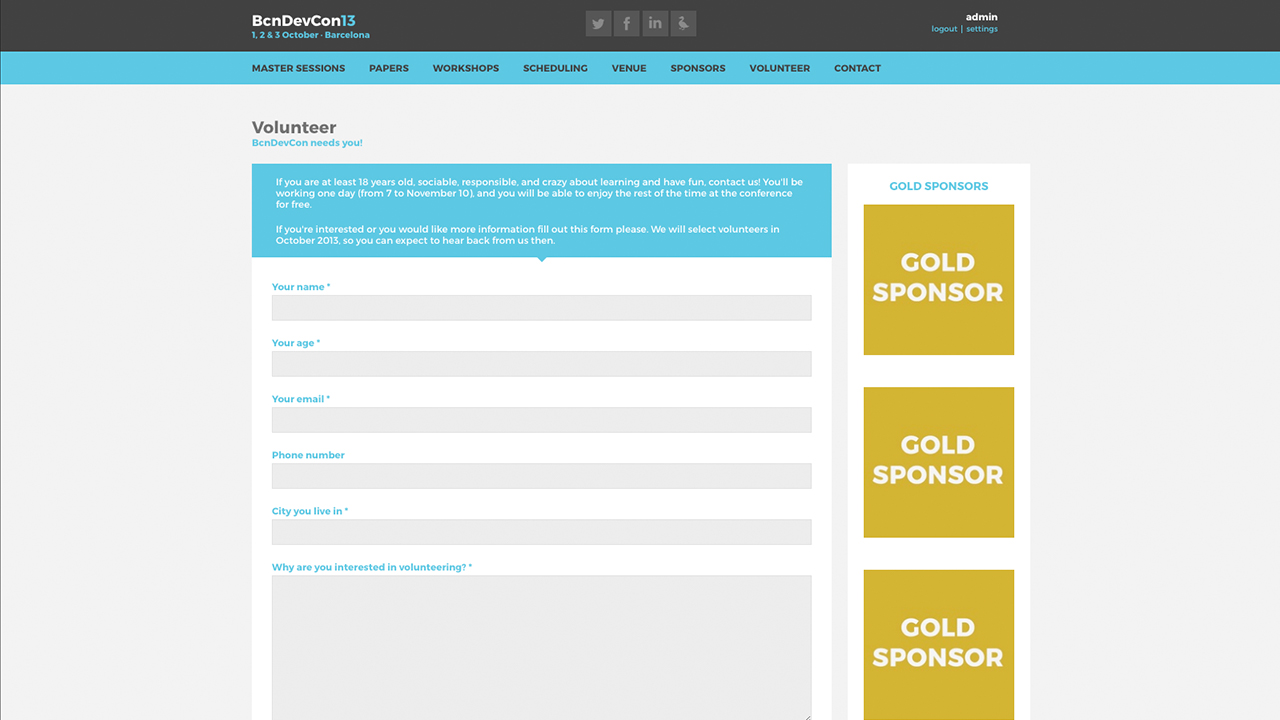 Barcelona Developers Conference 2013 website screenshot with the Volunteers page