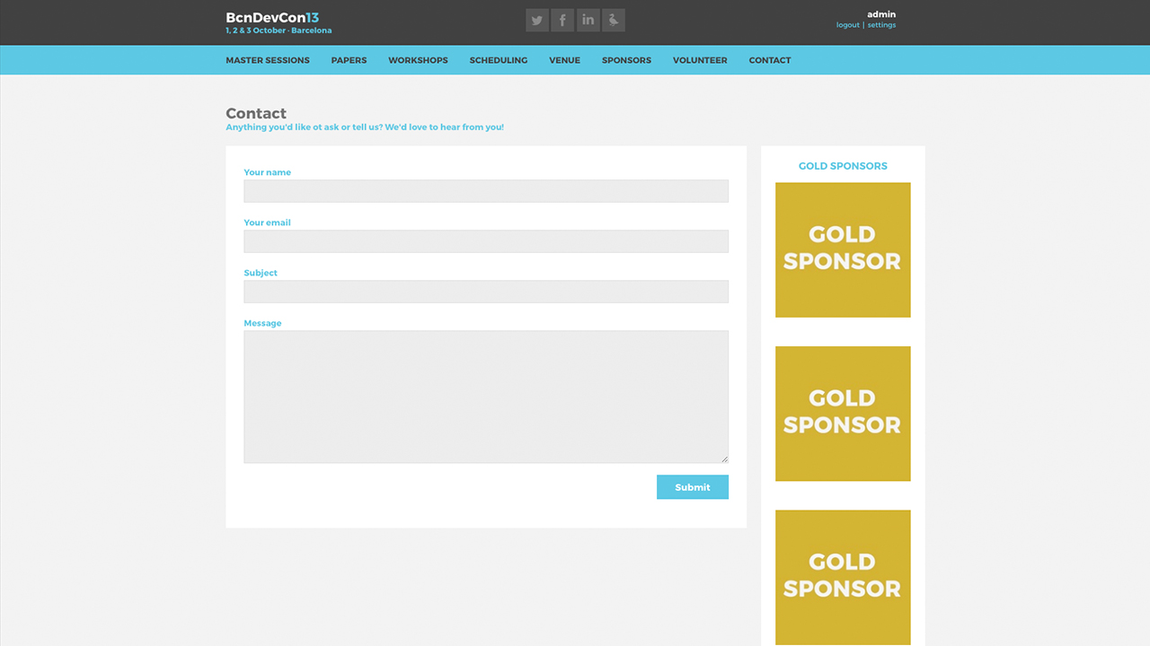 Barcelona Developers Conference 2013 website screenshot with Contact page