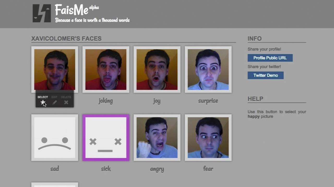 Fais.me API editor interface showing the eight basic moods filled with some pictures