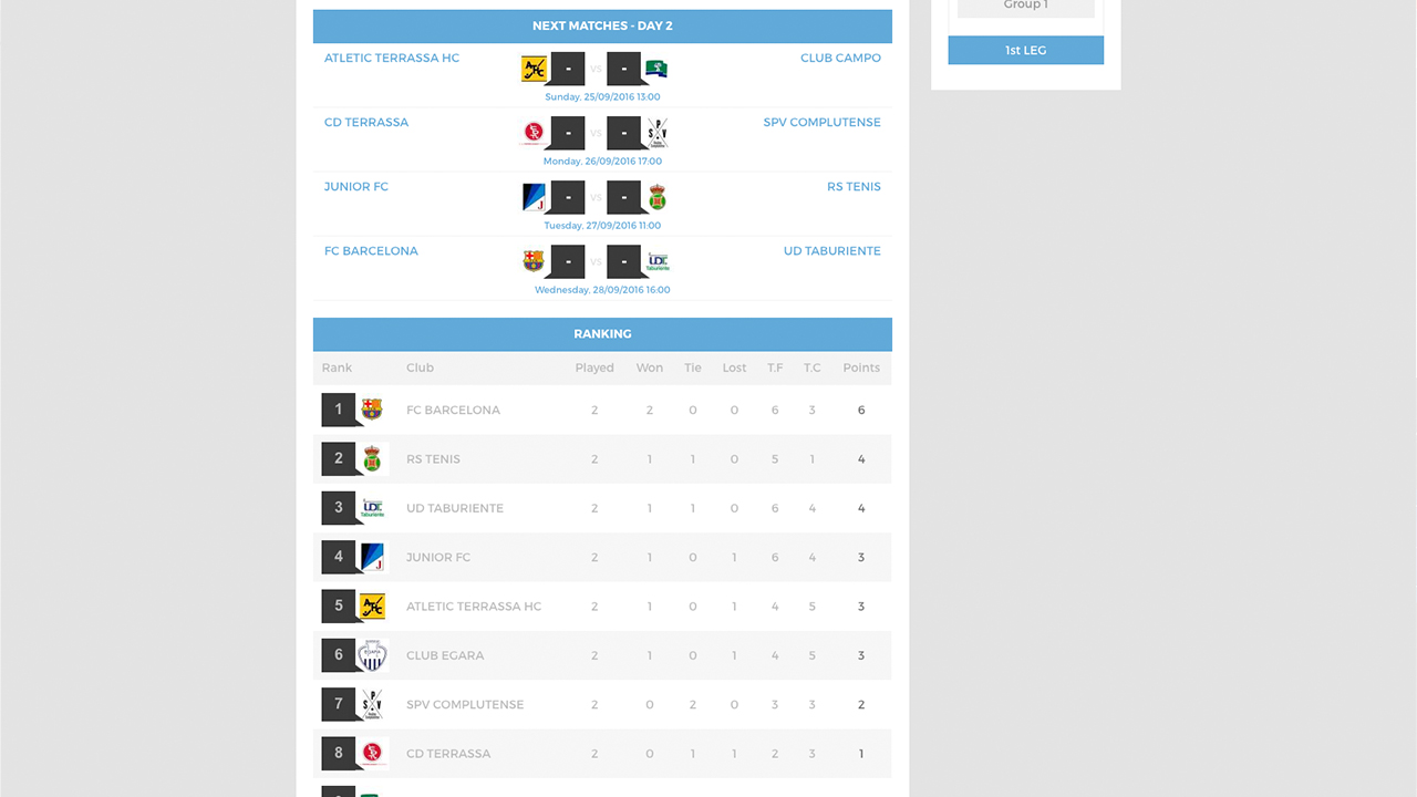 Hockeylink competition view with ranking, calendar and teams