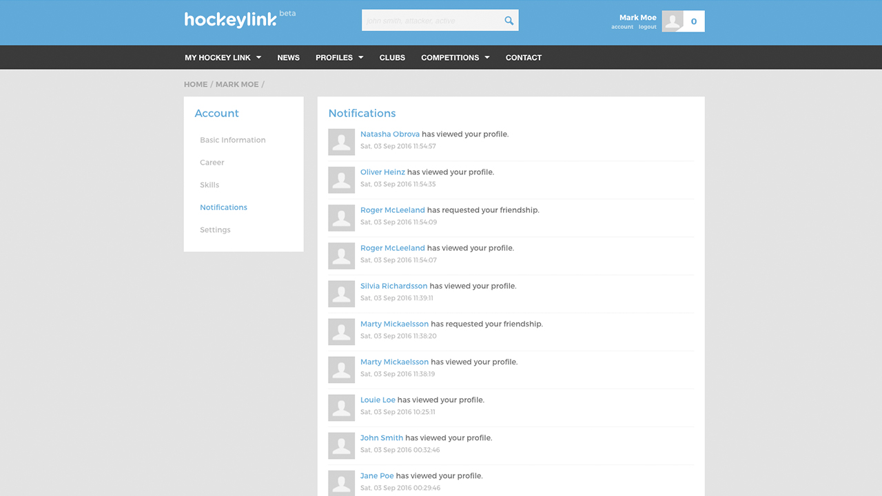 Hockeylink notificiations view