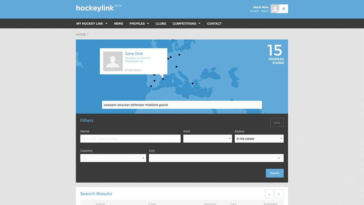 Hockeylink dynamic search view with some results