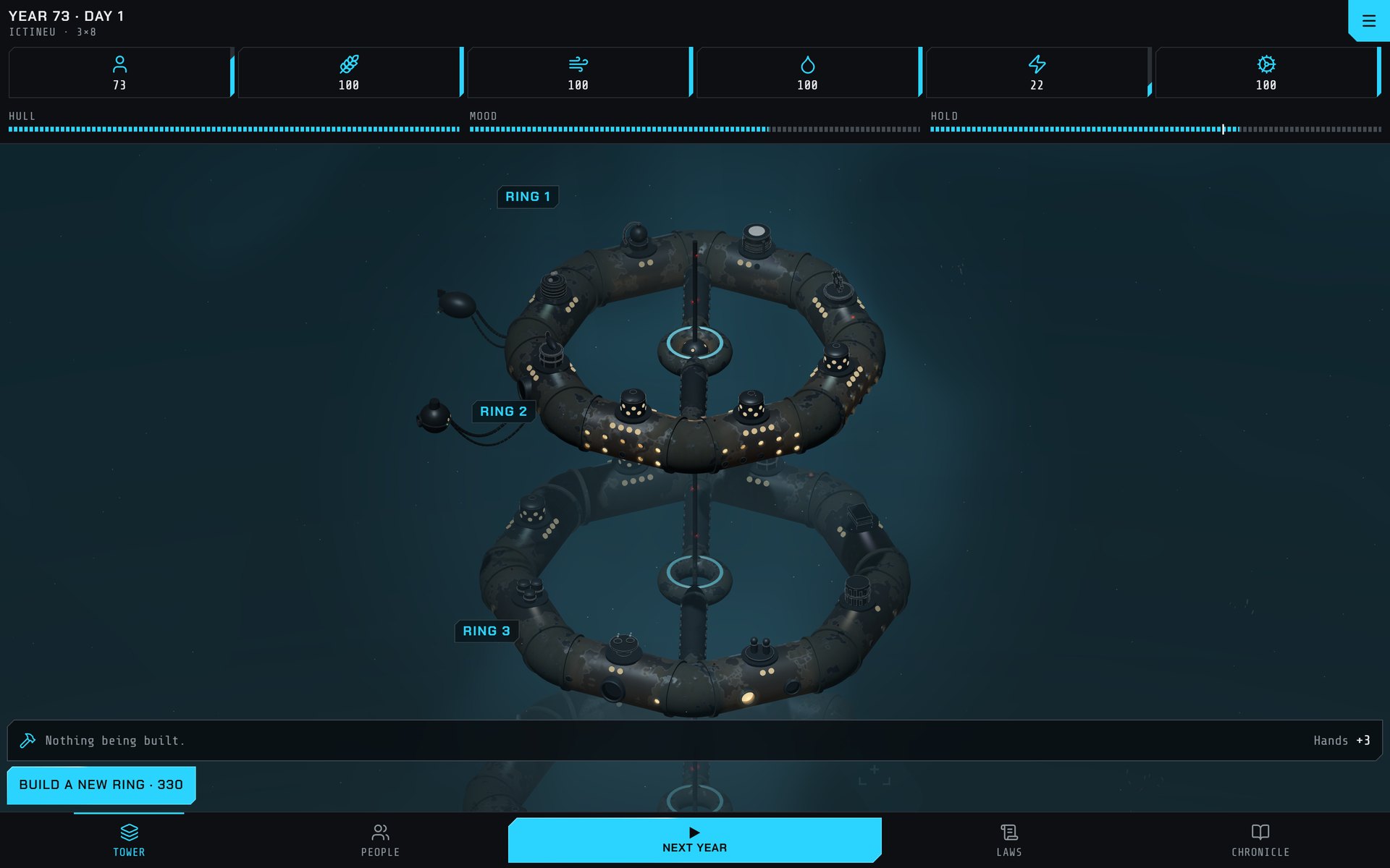 Ictineu on a desktop browser: three rings hanging from the lift shaft, small vessels moored to the hull