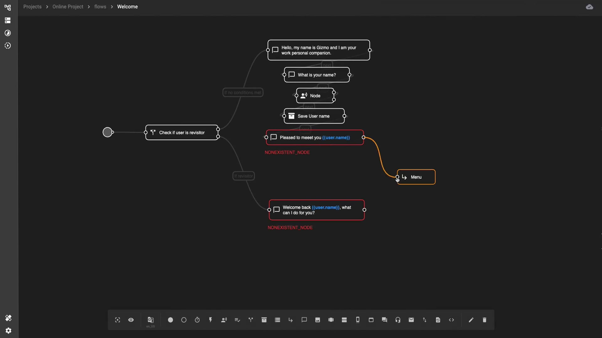 Synapse node editor with a chatbot welcome flow