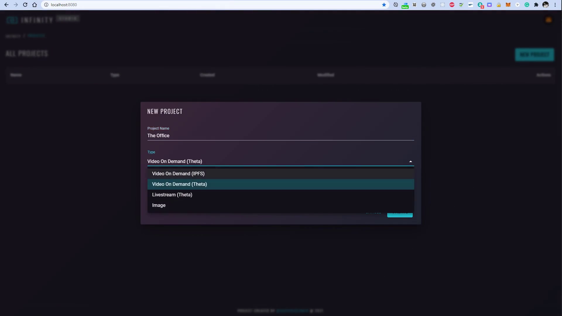 Theta Infinity Studio project dashboard